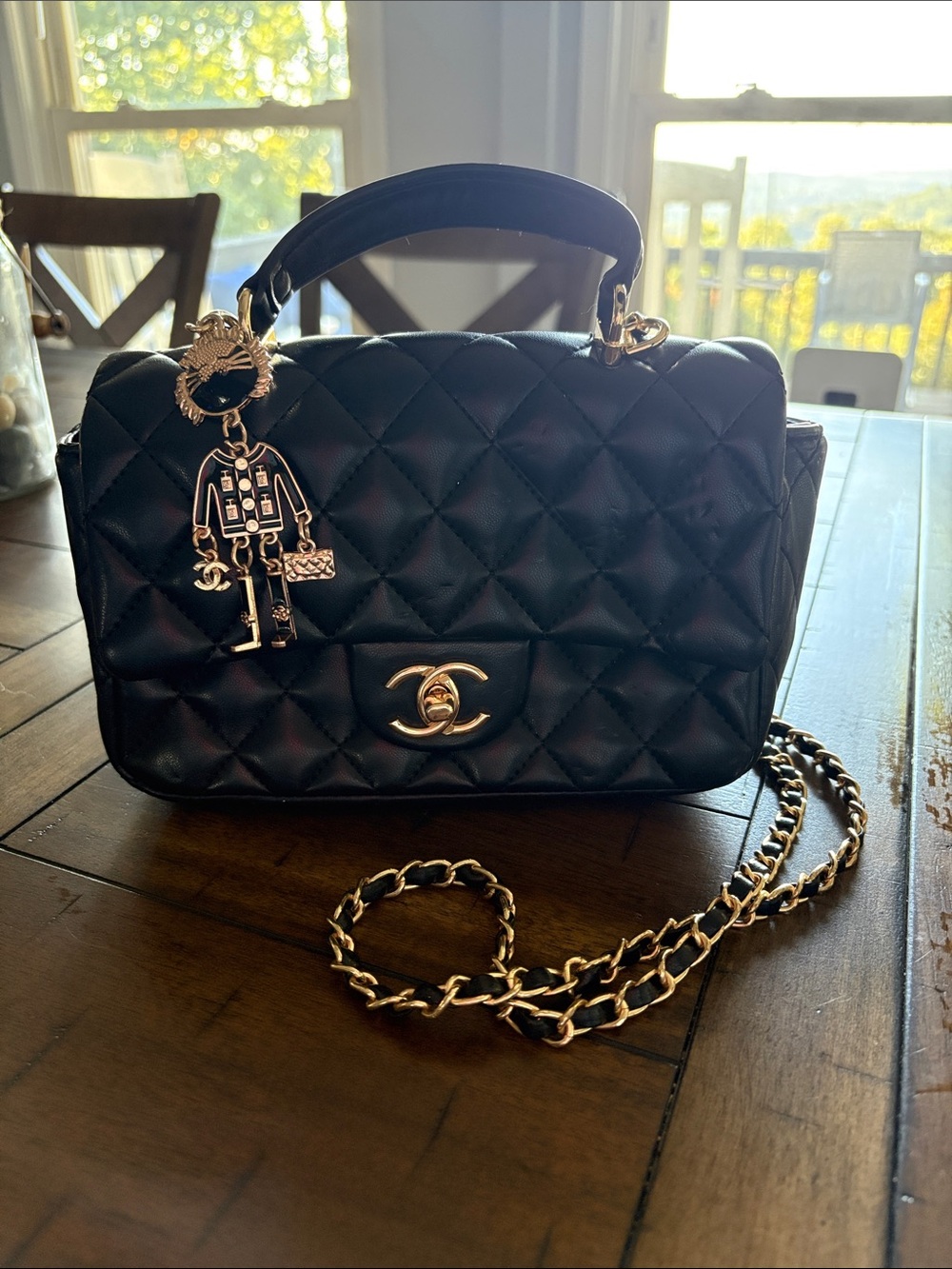 Black Quilted Fashion Shoulder Bag with Gold Chain and Charm